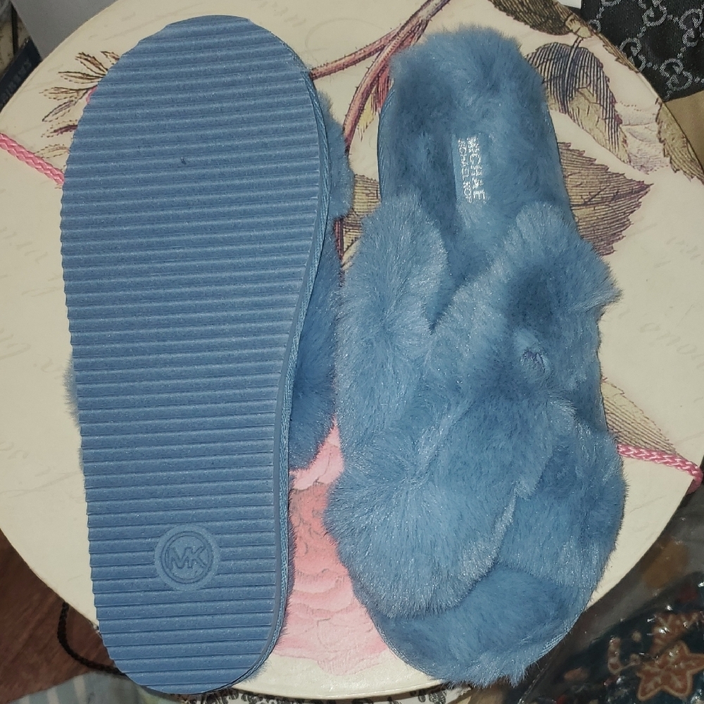 New Michael M. Kors Lala Blue Fur Crisscross Slide Slippers Size 10 - Picture 2 of 9